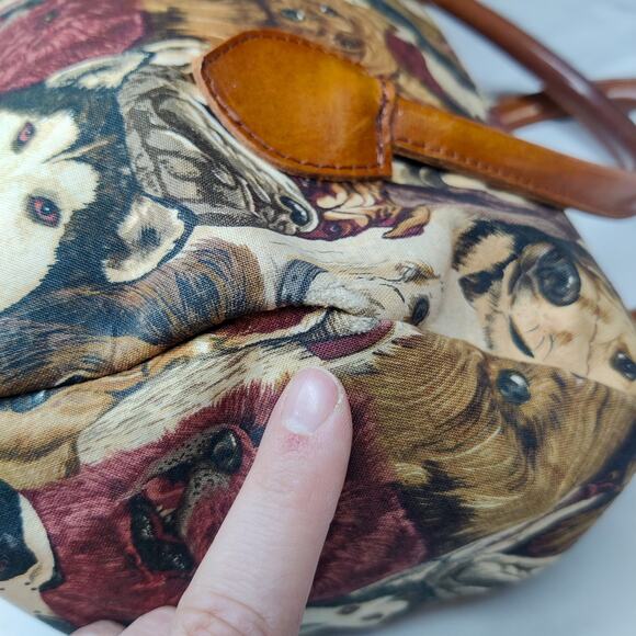 Vintage Canvas Dog Print Animal Tapestry Barrel Handbag Leather Handle Tote Bag - Picture 15 of 15